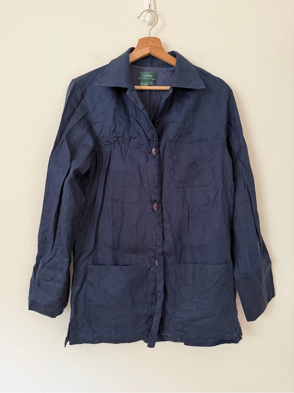 Vtg Lauren Ralph Lauren 100% Linen Utility Jacket S Small Blue Oversized Relaxed